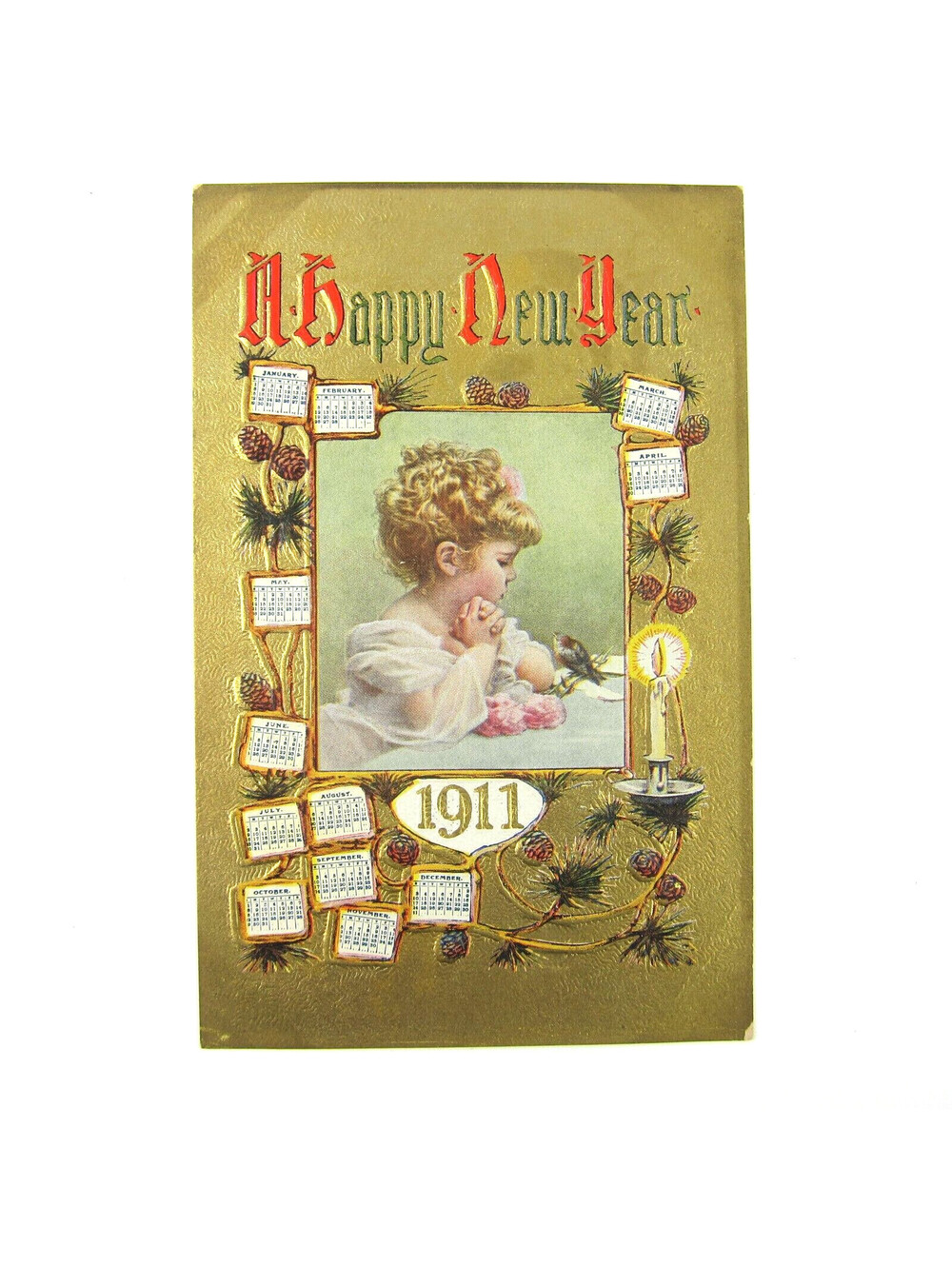 Postcard New Year Girl Flowers Candle Bird Gold Embossed 1911 Calendar Antique